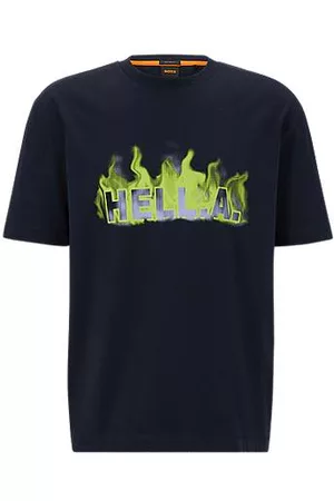 HUGO BOSS Hombre Oversize - Camiseta de punto de algodón oversize fit con ilustración de temporada
