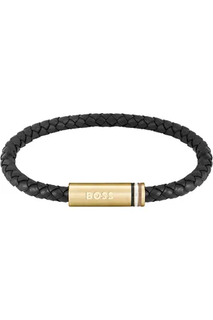 HUGO BOSS Brazalete de piel trenzada negra con logo en el cierre magnético geométrico