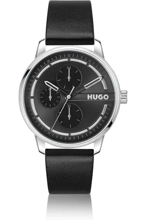 HUGO BOSS Reloj de acero inoxidable con esfera negra y correa de piel