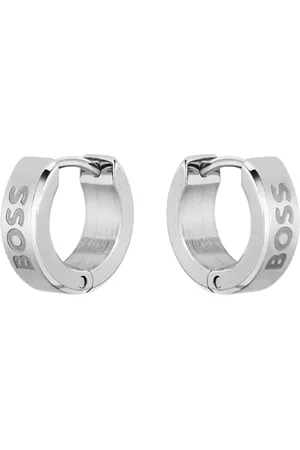 HUGO BOSS Pendientes de aro plateados con logos grabados