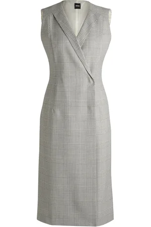 HUGO BOSS Vestido cruzado de crepé en lana virgen a cuadros