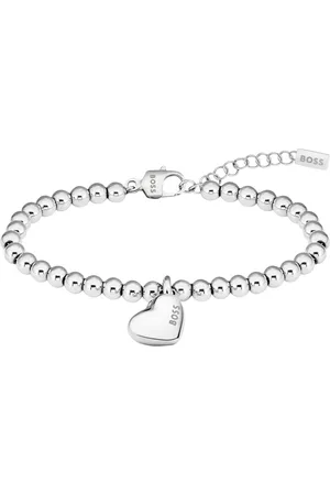 HUGO BOSS Pulsera plateada con cuentas y colgante de corazón