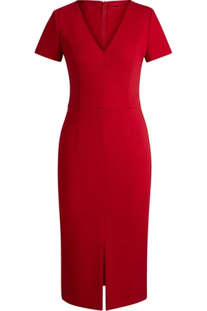 HUGO BOSS Vestido midi slim fit de tejido elástico con escote en pico