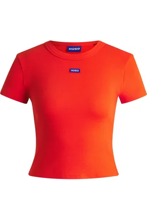 HUGO BOSS Camiseta slim fit de algodón elástico con etiqueta con logo azul