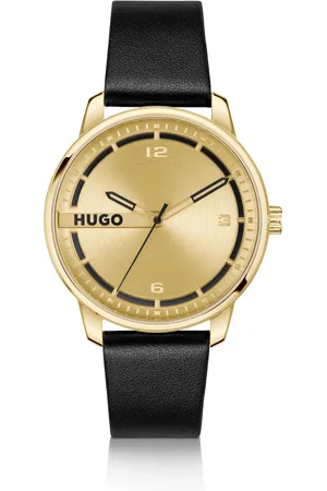HUGO BOSS Reloj dorado con correa de piel negra