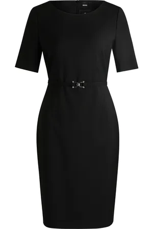 HUGO BOSS Vestido de lana virgen con cinturón con detalles metálicos