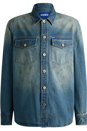 HUGO BOSS Camisa loose fit en denim azul con efecto usado
