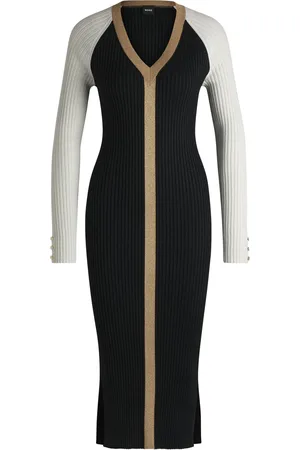 HUGO BOSS Vestido de punto de tejido metalizado con escote en pico