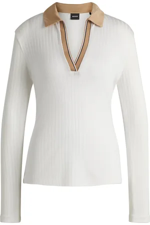 HUGO BOSS Camiseta de manga larga con cuello abierto y rayas de la marca