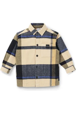 HUGO BOSS Camisa de algodón a cuadros para niños con bolsillo de la marca