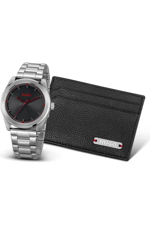 HUGO BOSS Set de regalo de tarjetero de piel y reloj con esfera negra