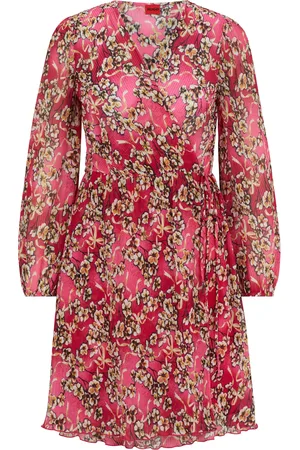 HUGO BOSS Vestido cruzado plisado con estampado floral y puños elásticos