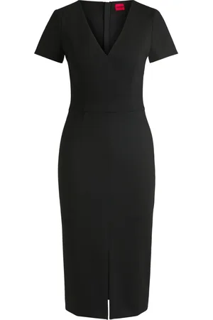 HUGO BOSS Vestido midi slim fit de tejido elástico con escote en pico