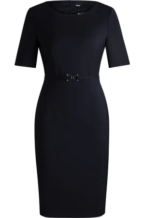 HUGO BOSS Vestido de lana virgen con cinturón con detalles metálicos