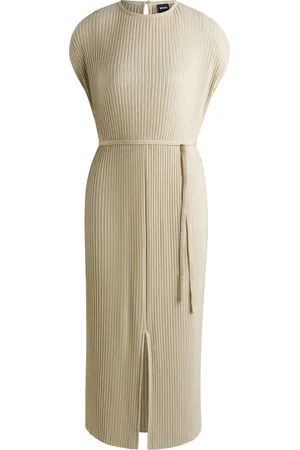 HUGO BOSS Vestido con cinturón sin mangas de tejido plisado brillante