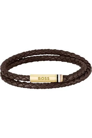 HUGO BOSS Brazalete marrón de piel trenzada con logo en el cierre