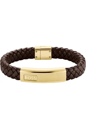 HUGO BOSS Brazalete de piel trenzada marrón con placa dorada con logo