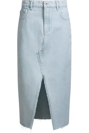 HUGO BOSS Falda midi en denim azul con bajo deshilachado