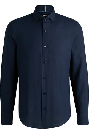 HUGO BOSS Camisa de ajuste casual en lino con cuello italiano