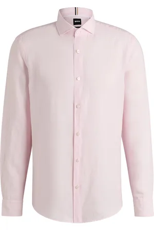 HUGO BOSS Camisa de ajuste casual en lino con cuello italiano