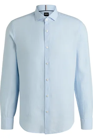 HUGO BOSS Camisa de ajuste casual en lino con cuello italiano