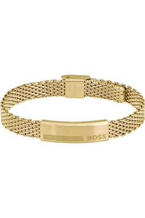 HUGO BOSS Brazalete de malla dorada con placa de logo
