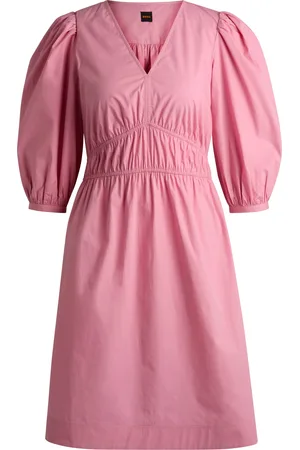 HUGO BOSS Vestido con escote en pico en popelín de algodón con cintura fruncida