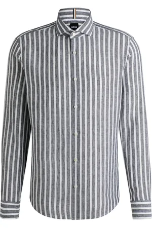 HUGO BOSS Camisa regular fit en cambray de lino a rayas