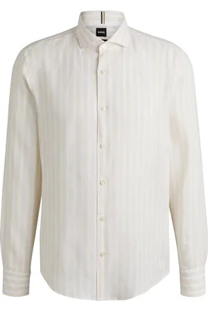 HUGO BOSS Camisa regular fit en cambray de lino a rayas