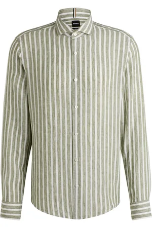 HUGO BOSS Camisa regular fit en cambray de lino a rayas