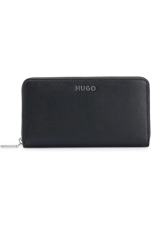 HUGO BOSS Cartera de piel sintética granulada con cremallera envolvente y letras de logo