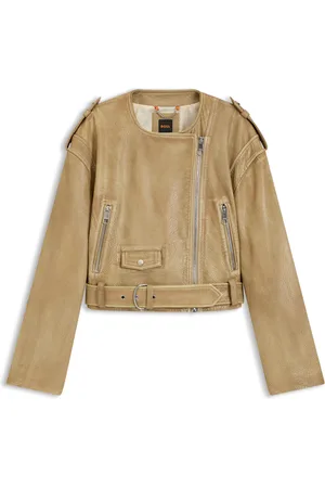 HUGO BOSS Cropped biker jacket in grained leather