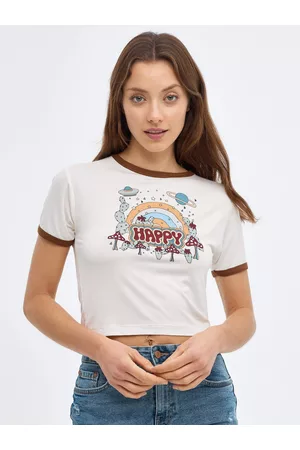 Inside Mujer Camisetas - Camiseta crop print Happy Blanco Blanco Roto XS