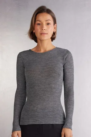 intimissimi Camiseta de Manga Larga con Cuello Redondo Holgado de Lana y Seda Mujer Tamaño L