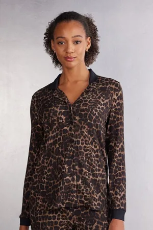 intimissimi Camiseta de Manga Larga de Modal con Abertura Delantera Luxurious Leopard Mujer Tamaño S
