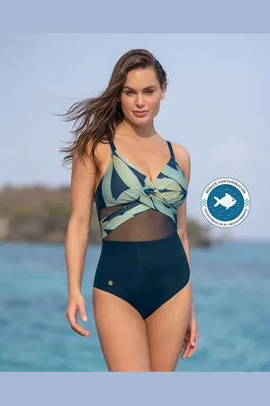 LEONISA Bañador tecnología BIO-PET con tul en abdomen
