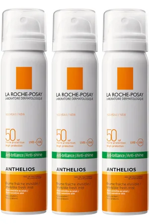 LA ROCHE-POSAY Trío de brumas faciales de protección solar Anthelios Anti-Shine Invisible con FPS 50+ de 75 ml