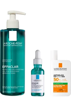 LA ROCHE-POSAY Breakout-Fighting Set- High Strength: Effaclar Micro-Peeling Cleanser, Anti Blemish Serum and SPF50+