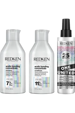 Redken Acidic Bonding Concentrate Shampoo, Conditioner and One United Multi-Benefit Leave-in Treatment Bond Repair Bundle