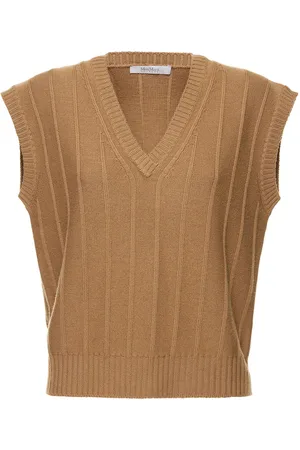 Chaleco lana merino canalé beige - Mujer