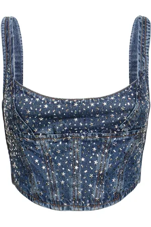 Alessandra Rich Top Bustier De Denim Con Cristales