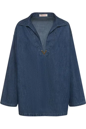 VALENTINO Camisa Caftán De Cambray Denim Con Logo