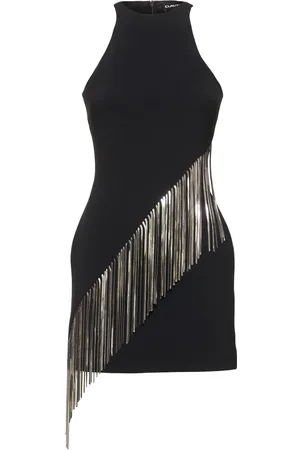 DAVID KOMA Vestido Corto De Cady Con Flecos Metálicos