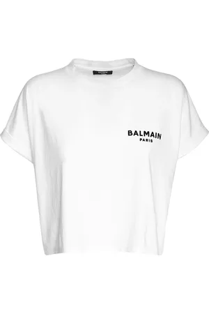 Balmain Camiseta Corta De Algodón Con Logo Flocado