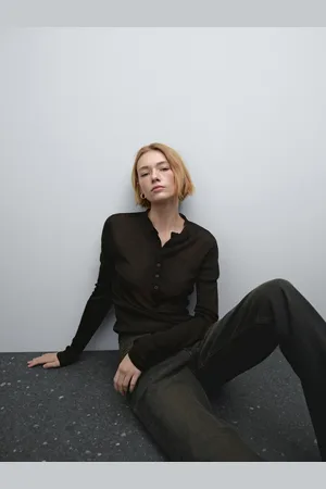Massimo Dutti Camiseta Punto Canalé Botones Mezcla Lana