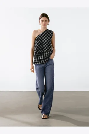 Massimo Dutti Top Cuadros Escote Asimétrico