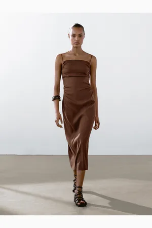 Massimo Dutti Vestido Midi Frunces Mezcla Lino