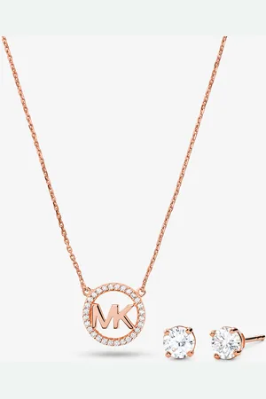 Michael Kors MKSet de collar y pendientes de plata de ley con chapado en oro rosa de 14 K, incrustaciones y adorno de logotipo - Rosa - Michael Kors