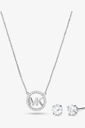 Michael Kors MKSet de collar y pendientes de plata de ley con chapado en oro rosa de 14 K, incrustaciones y adorno de logotipo - - Michael Kors