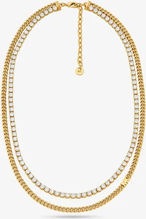 Michael Kors MKCollar de tenis de cadena doble de latón con chapado en metal precioso - - Michael Kors